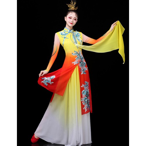 Chinese folk dance dresses  for women yellow fairy traditional yangge fan umbrella fan dance costumes dresses